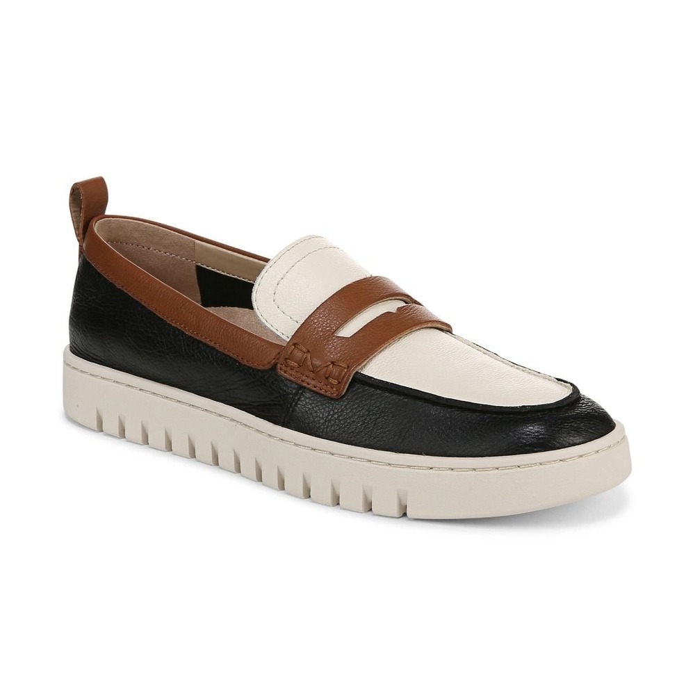New Vionic Uptown Leather Loafers Black Cream Tan Colorblock Comfort Shoes 10.5